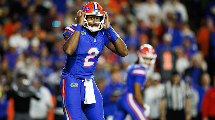 Nov 29, 2025; Gainesville, Florida, USA; Florida Gators quarterback DJ Lagway (2) gestures before the snap against the Florida State Seminoles during the second half at Ben Hill Griffin Stadium. Mandatory Credit: Matt Pendleton-Imagn Images