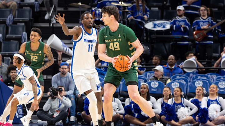 Feb 8, 2026; Memphis, Tennessee, USA; Charlotte 49ers center Anton Bonke (49) handles the ball against Memphis Tigers forward Aaron Bradshaw (11) during the first half at FedExForum. Mandatory Credit: Wesley Hale-Imagn Images