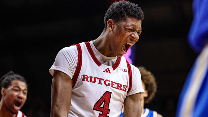 Jan 13, 2025; Piscataway, New Jersey, USA; Rutgers Scarlet Knights guard Ace Bailey (4) celebrates during the second half against the UCLA Bruins at Jersey Mike's Arena. Mandatory Credit: Vincent Carchietta-Imagn Images Jan 13, 2025; Piscataway, New Jersey, USA; Rutgers Scarlet Knights guard Ace Bailey (4) celebrates during the second half against the UCLA Bruins at Jersey Mike's Arena. Mandatory Credit: Vincent Carchietta-Imagn Images