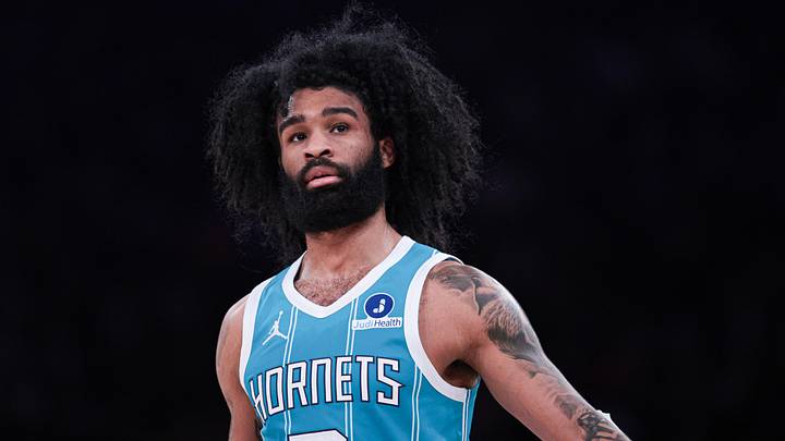 Apr 12, 2026; New York, New York, USA; Charlotte Hornets guard Coby White (3) in action against the New York Knicks during the first half at Madison Square Garden. Mandatory Credit: Vincent Carchietta-Imagn Images