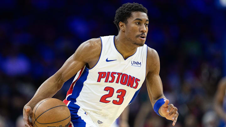 Apr 9, 2024; Philadelphia, Pennsylvania, USA; Detroit Pistons guard Jaden Ivey (23) dribbles the ball against the 76ers.