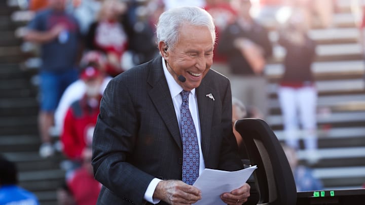 ESPN personality Lee Corso before the game between the Texas Longhorns and Oklahoma Sooners at the Cotton Bowl. 