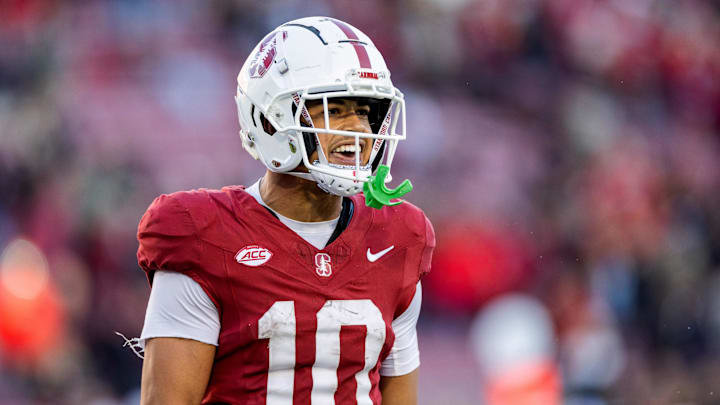 Nov 16, 2024; Stanford, California, USA; Stanford Cardinal wide receiver Emmett Mosley V (10) celebrates after making a touchdown catch against the Louisville Cardinals during the fourth quarter at Stanford Stadium. Nov 16, 2024; Stanford, California, USA; Stanford Cardinal wide receiver Emmett Mosley V (10) celebrates after making a touchdown catch against the Louisville Cardinals during the fourth quarter at Stanford Stadium.