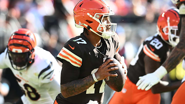 Oct 20, 2024; Cleveland, Ohio, USA; Cleveland Browns quarterback Dorian Thompson-Robinson (17) rolls out during the second half against the Cincinnati Bengals at Huntington Bank Field. Mandatory Credit: Ken Blaze-Imagn Images