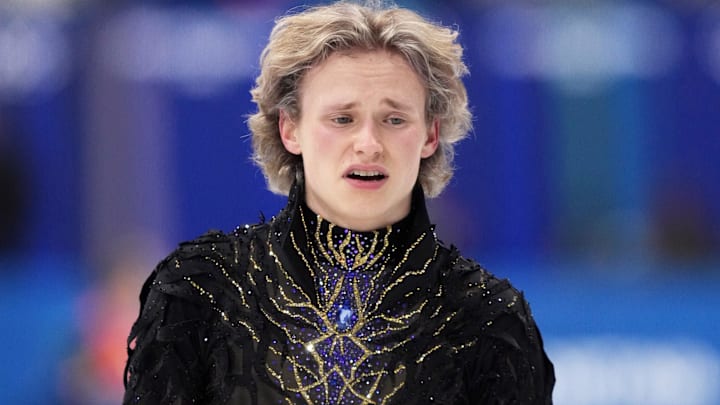 Ilia Malinin of the United States of America reacts after competing in the men’s singles free program during the Milano Cortina 2026 Olympic Winter Games at Milano Ice Skating Arena.
