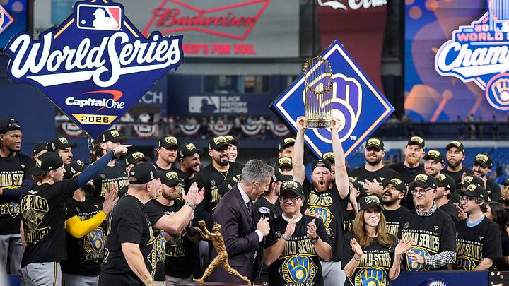 Milwaukee Brewers celebrate with the Commissioner's Trophy during the Awards Ceremony after defeating the Tampa Bay Rays to win the 2026 World Series at Tropicana Field in St. Petersburg, Fla. on Oct 28, 2026.