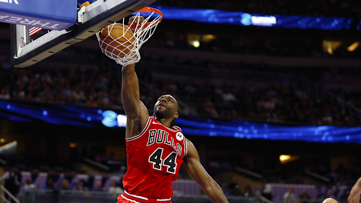 Oct 25, 2025; Orlando, Florida, USA;  Chicago Bulls forward Patrick Williams (44) dunks the ball in the second half against the Orlando Magic at Kia Center. Mandatory Credit: Russell Lansford-Imagn Images