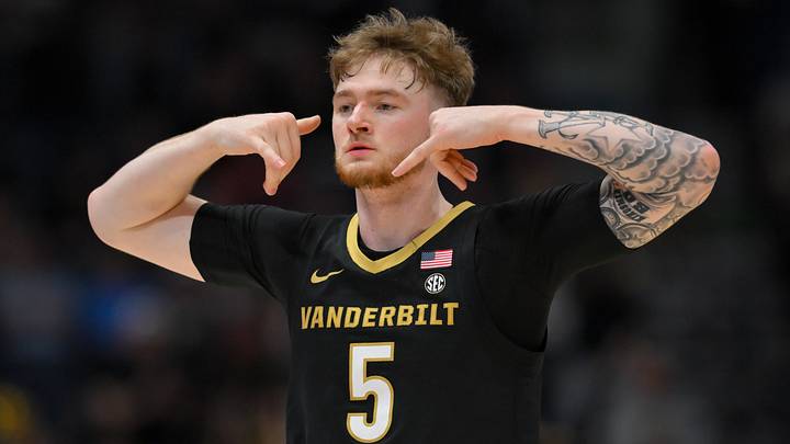 Mar 15, 2026; Nashville, TN, USA; Vanderbilt Commodores forward Tyler Nickel (5) reacts after a made three point basket against the Arkansas Razorbacks during the first half during the men's SEC Conference Tournament Championship at Bridgestone Arena. Mandatory Credit: Steve Roberts-Imagn Images Mar 15, 2026; Nashville, TN, USA; Vanderbilt Commodores forward Tyler Nickel (5) reacts after a made three point basket against the Arkansas Razorbacks during the first half during the men's SEC Conference Tournament Championship at Bridgestone Arena. Mandatory Credit: Steve Roberts-Imagn Images
