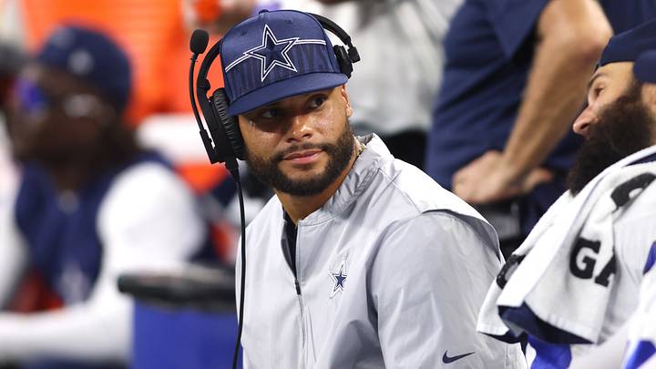 Dallas Cowboys quarterback Dak Prescott sits on the bench during the game against the Las Vegas Raiders at AT&T Stadium. Dallas Cowboys quarterback Dak Prescott sits on the bench during the game against the Las Vegas Raiders at AT&T Stadium.
