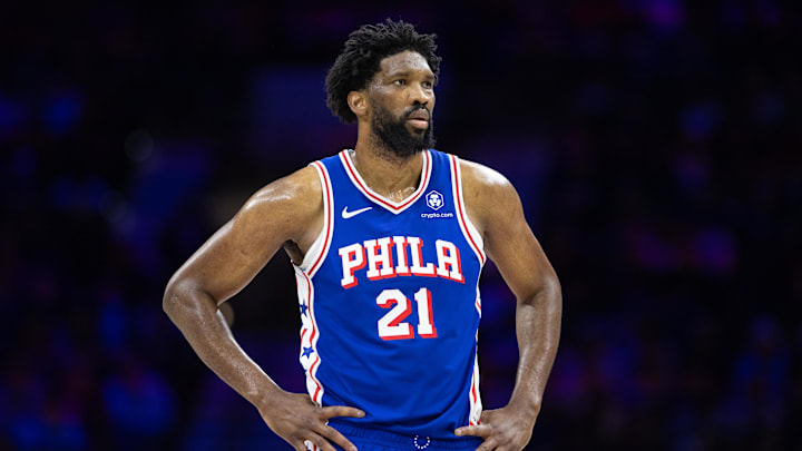 Feb 20, 2025; Philadelphia, Pennsylvania, USA; Philadelphia 76ers center Joel Embiid (21) looks on during the third quarter against the Boston Celtics at Wells Fargo Center. Mandatory Credit: Bill Streicher-Imagn Images