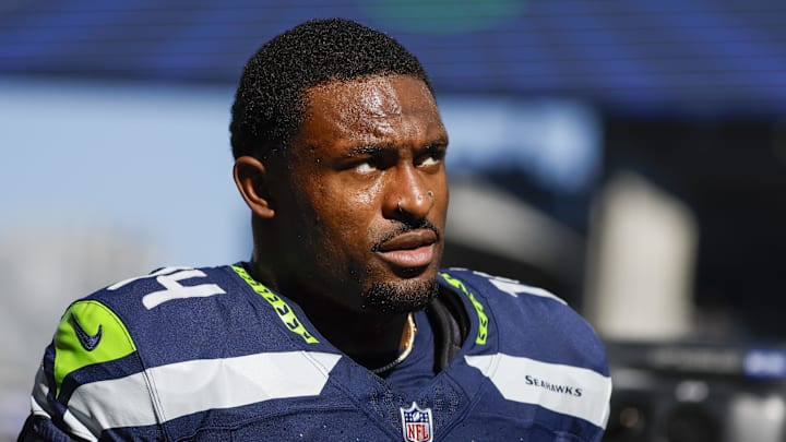Oct 6, 2024; Seattle, Washington, USA; Seattle Seahawks wide receiver DK Metcalf (14) walks to the locker room following pregame warmups against the New York Giants at Lumen Field. Mandatory Credit: Joe Nicholson-Imagn Images