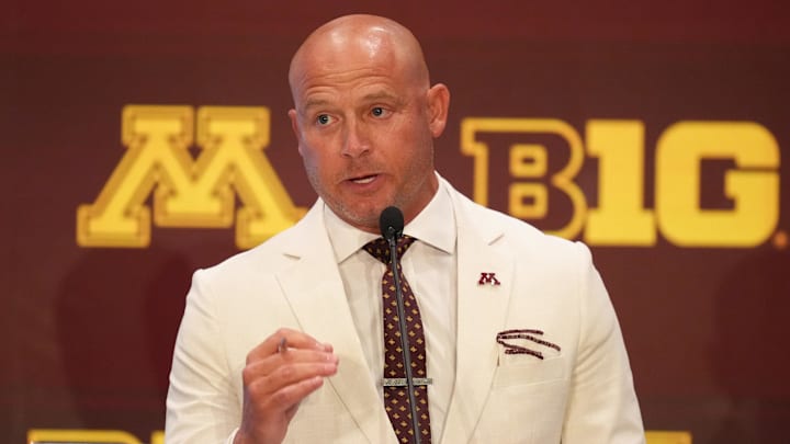Jul 23, 2025; Las Vegas, NV, USA; Minnesota head coach P.J. Fleck speaks to the media during the Big Ten NCAA college football media days at Mandalay Bay Resort. Mandatory Credit: Lucas Peltier-Imagn Images Jul 23, 2025; Las Vegas, NV, USA; Minnesota head coach P.J. Fleck speaks to the media during the Big Ten NCAA college football media days at Mandalay Bay Resort. Mandatory Credit: Lucas Peltier-Imagn Images
