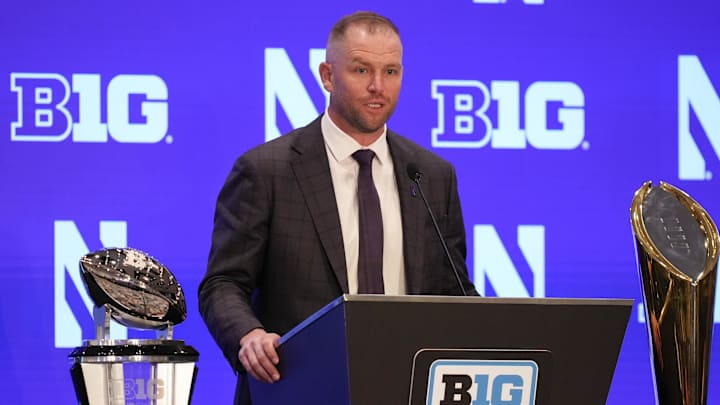Jul 23, 2025; Las Vegas, NV, USA; Northwestern head coach David Braun speaks to the media during the Big Ten NCAA college football media days at Mandalay Bay Resort. Mandatory Credit: Lucas Peltier-Imagn Images