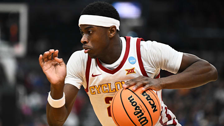 Mar 22, 2026; St. Louis, MO, USA; Iowa State Cyclones guard Killyan Toure (27) drives to the basket during the second half against the Kentucky Wildcats during a second round game of the men's 2026 NCAA Tournament at Enterprise Center.
