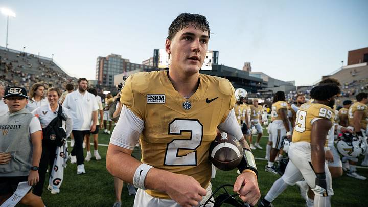 Vanderbilt quarterback Jared Curtis (2) exits the field after defeating Delaware at FirstBank Stadium in Nashville, Tenn., Saturday, Sept. 12, 2026. Vanderbilt quarterback Jared Curtis (2) exits the field after defeating Delaware at FirstBank Stadium in Nashville, Tenn., Saturday, Sept. 12, 2026.