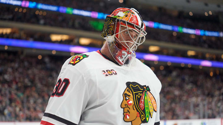 Mar 19, 2026; Saint Paul, Minnesota, USA; Chicago Blackhawks goaltender Spencer Knight (30) looks on during a stoppage against the Minnesota Wild in the second period at Grand Casino Arena. Mandatory Credit: Matt Blewett-Imagn Images Mar 19, 2026; Saint Paul, Minnesota, USA; Chicago Blackhawks goaltender Spencer Knight (30) looks on during a stoppage against the Minnesota Wild in the second period at Grand Casino Arena. Mandatory Credit: Matt Blewett-Imagn Images