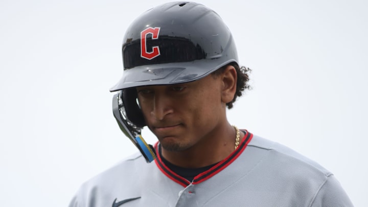 May 3, 2026: Cleveland Guardians catcher Bo Naylor (23) looks down as he is pitch ran for during the ninth inning against the Athletics at Sutter Health Park. 