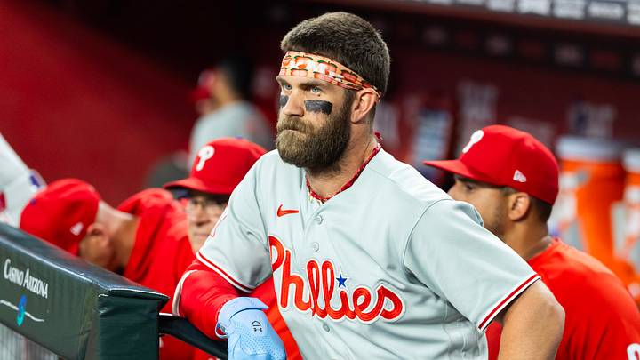 Sep 2, 2026; Phoenix, Arizona, USA; Philadelphia Phillies outfielder Bryce Harper in the first inning against the Arizona Diamondbacks at Chase Field. Mandatory Credit: Mark J. Rebilas-Imagn Images