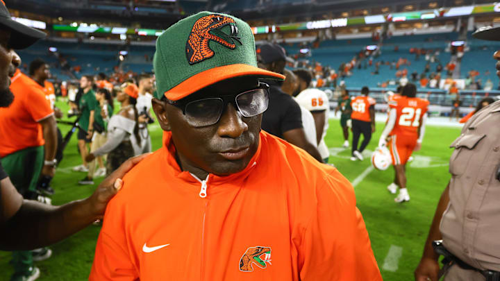 Sep 7, 2024; Miami Gardens, Florida, USA; Florida A&M Rattlers head coach James Colzie III looks on from the field after the game against the Miami Hurricanes at Hard Rock Stadium. Mandatory Credit: Sam Navarro-Imagn Images