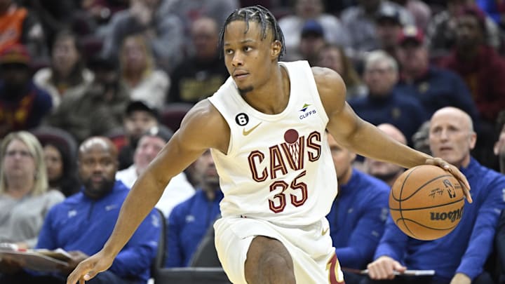 Oct 10, 2022; Cleveland, Ohio, USA; Cleveland Cavaliers forward Isaac Okoro (35) dribbles the ball in the third quarter against the Philadelphia 76ers at Rocket Mortgage FieldHouse. Mandatory Credit: David Richard-Imagn Images