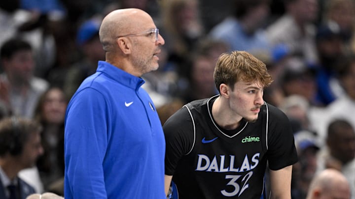 Nov 22, 2025; Dallas, Texas, USA; Dallas Mavericks head coach Jason Kidd and forward Cooper Flagg (32) look on during the second quarter against the Memphis Grizzlies at the American Airlines Center. Mandatory Credit: Jerome Miron-Imagn Images Nov 22, 2025; Dallas, Texas, USA; Dallas Mavericks head coach Jason Kidd and forward Cooper Flagg (32) look on during the second quarter against the Memphis Grizzlies at the American Airlines Center. Mandatory Credit: Jerome Miron-Imagn Images