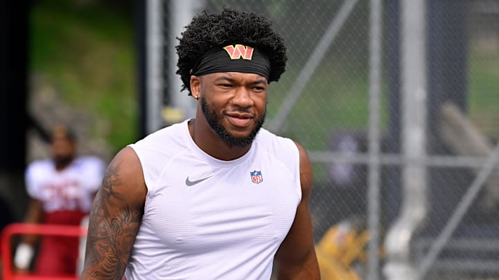 Aug 6, 2025; Foxborough, MA, USA; Washington Commanders wide receiver Jaylin Lane (83) arrives at training camp at Gillette Stadium. Mandatory Credit: Eric Canha-Imagn Images