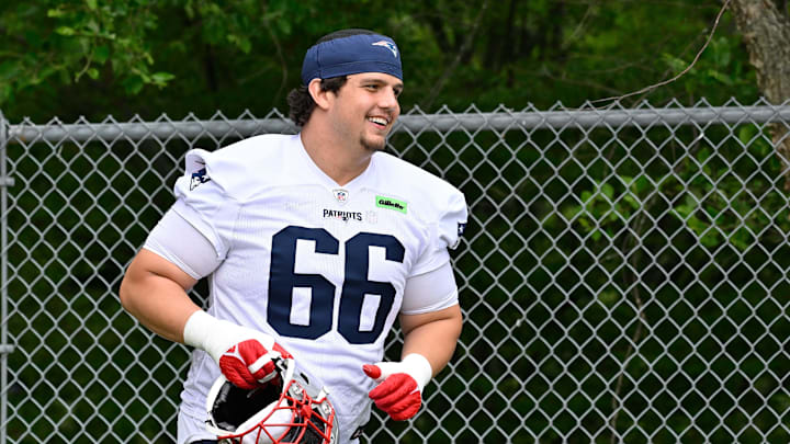 Jun 9, 2025; Foxborough, MA, USA; New England Patriots offensive tackle Will Campbell (66) jogs to the practice fields at Gillette Stadium. Mandatory Credit: Eric Canha-Imagn Images