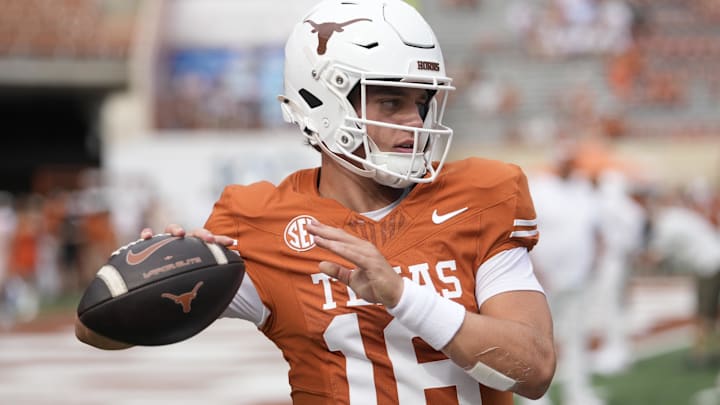 Sep 6, 2025; Austin, Texas, USA; Texas Longhorns quarterback Arch Manning (16) warms up before the game against San Jose State Spartans at Darrell K Royal-Texas Memorial Stadium. Mandatory Credit: Scott Wachter-Imagn Images