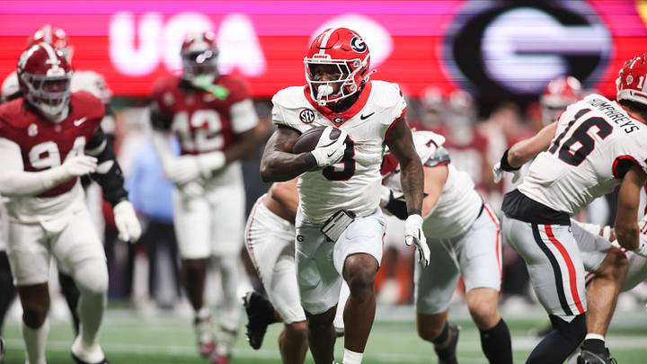 Dec 6, 2025; Atlanta, GA, USA; Georgia Bulldogs running back Nate Frazier (3) rushes during the third quarter against the Alabama Crimson Tide during the 2025 SEC Championship game at Mercedes-Benz Stadium. Mandatory Credit: Brett Davis-Imagn Images