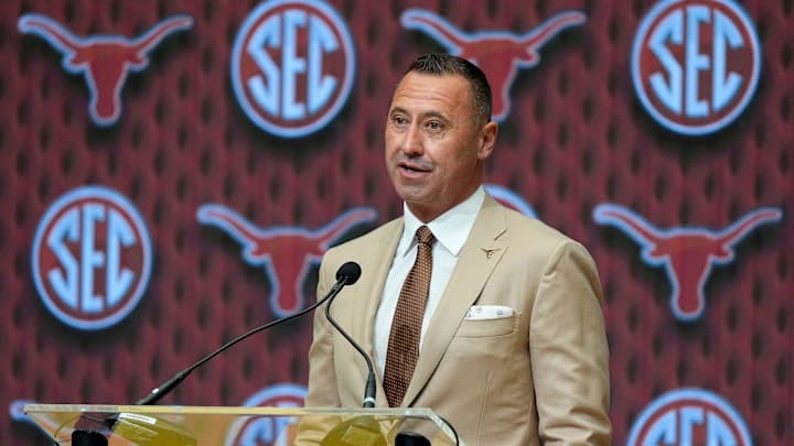 July 15, 2025; Atlanta, GA, USA; Texas head coach Steve Sarkisian speaks during SEC Media Days at the College Football Hall of Fame in Atlanta.