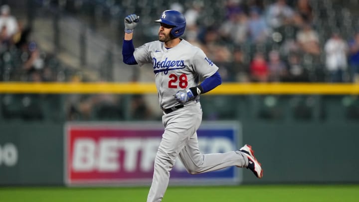 Sep 28, 2023; Denver, Colorado, USA; Los Angeles Dodgers designated hitter J.D. Martinez (28) runs
