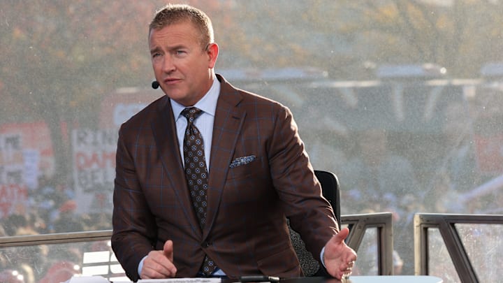 Analyst Kirk Herbstreit speaks during the ESPN College GameDay live broadcast on the Texas Tech University campus on Nov. 8, 2025 in Lubbock, Texas. Analyst Kirk Herbstreit speaks during the ESPN College GameDay live broadcast on the Texas Tech University campus on Nov. 8, 2025 in Lubbock, Texas.