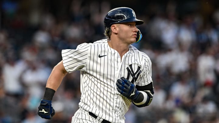 Jul 5, 2023; Bronx, New York, USA; New York Yankees third baseman Josh Donaldson (28) rounds the bases after hitting a solo home run against the Baltimore Orioles during the fifth inning at Yankee Stadium.