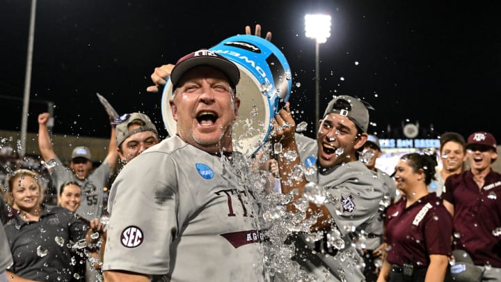 Jun 9, 2024; College Station, TX, USA; Texas A&M head coach Jim Schlossnagle celebrates after sweeping Oregon in the Bryan-College Station Super Regional series at Olsen Field, Blue Bell Park Mandatory Credit: Maria Lysaker-USA TODAY Sports