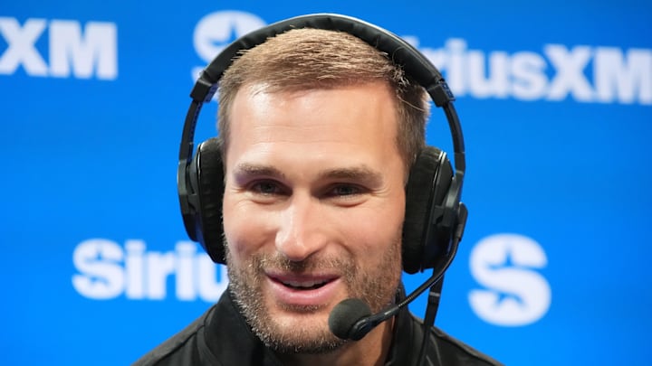 Feb 6, 2026; San Francisco, CA, USA; Kirk Cousins on the Opening Drive show at the SiriusXM NFL radio set at the Super Bowl LX media center at the Moscone Center. Mandatory Credit: Kirby Lee-Imagn Images