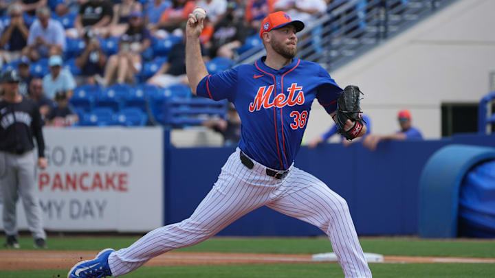 Mar 5, 2024; Port St. Lucie, Florida, USA;  New York Mets starting pitcher Tylor Megill (38) pitches