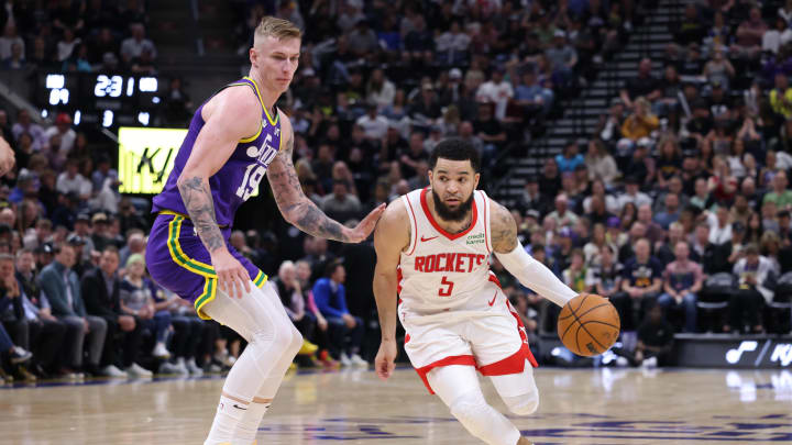 Apr 11, 2024; Salt Lake City, Utah, USA; Houston Rockets guard Fred VanVleet (5) dribbles past Utah Jazz forward Luka Samanic (19) during the third quarter at Delta Center. Mandatory Credit: Rob Gray-USA TODAY Sports Apr 11, 2024; Salt Lake City, Utah, USA; Houston Rockets guard Fred VanVleet (5) dribbles past Utah Jazz forward Luka Samanic (19) during the third quarter at Delta Center. Mandatory Credit: Rob Gray-USA TODAY Sports