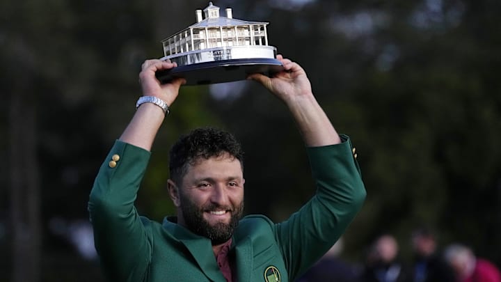 Apr 9, 2023; Augusta, Georgia, USA; Jon Rahm poses for a photo with the Masters trophy after winning