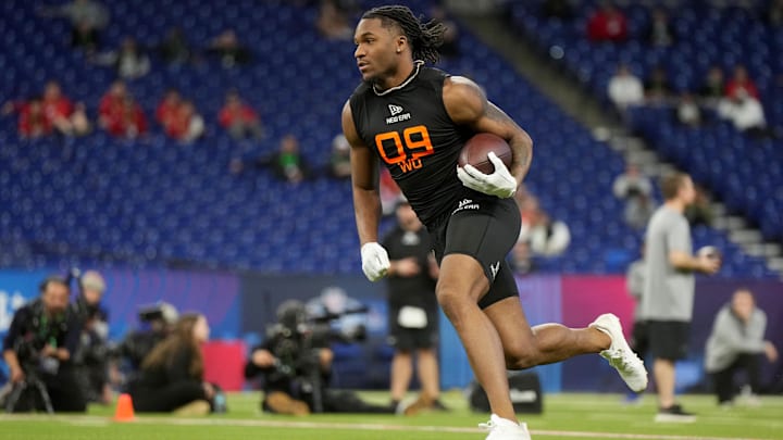Mar 1, 2025; Indianapolis, IN, USA; Missouri wideout Luther Burden III (WO09) during the 2025 NFL Combine at Lucas Oil Stadium. Mandatory Credit: Kirby Lee-Imagn Images Mar 1, 2025; Indianapolis, IN, USA; Missouri wideout Luther Burden III (WO09) during the 2025 NFL Combine at Lucas Oil Stadium. Mandatory Credit: Kirby Lee-Imagn Images