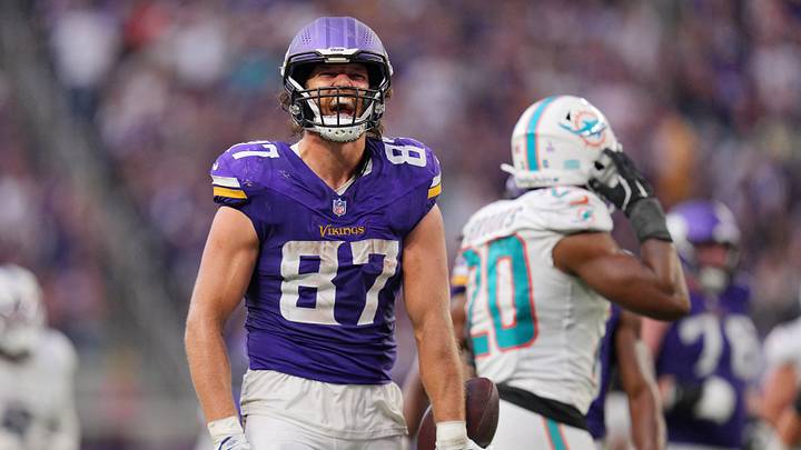 Minnesota Vikings tight end T.J. Hockenson (87) celebrates after making a catch during the fourth quarter against the Miami Dolphins at U.S. Bank Stadium. Minnesota Vikings tight end T.J. Hockenson (87) celebrates after making a catch during the fourth quarter against the Miami Dolphins at U.S. Bank Stadium.