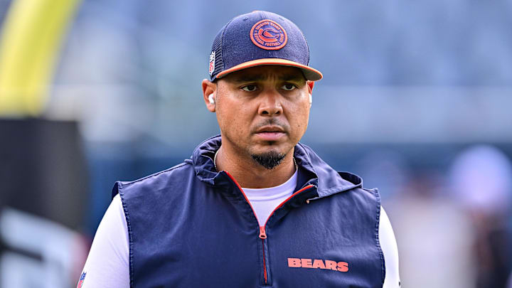 Aug 17, 2024; Chicago, Illinois, USA; Chicago Bears general manager Ryan Poles looks on before the game against the Cincinnati Bengals at Soldier Field. Mandatory Credit: Daniel Bartel-Imagn Images