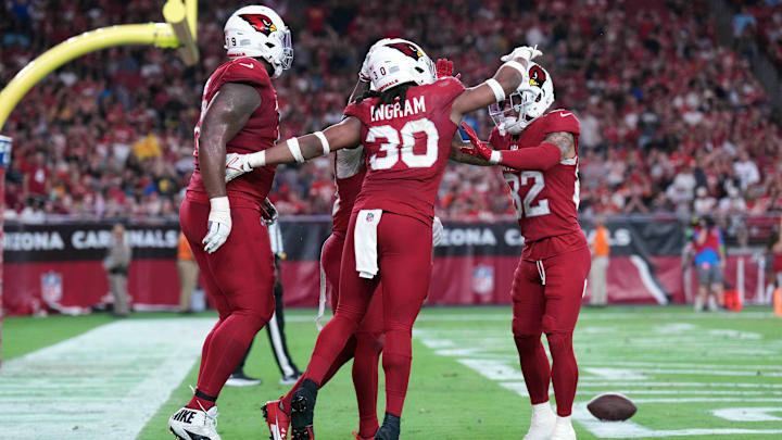 Aug 19, 2023; Glendale, Arizona, USA; Arizona Cardinals running back Keaontay Ingram (30) celebrates