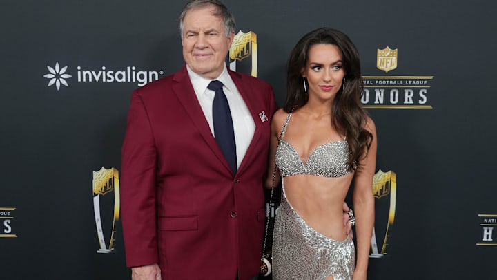 Bill Belichick and Jordon Hudson on the red carpet before Super Bowl LIX NFL Honors at Saenger Theatre. 