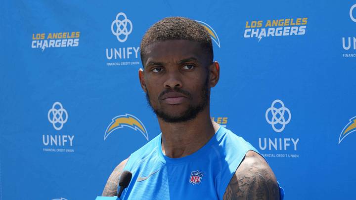 Aug 1, 2022; Costa Mesa, CA, USA; Los Angeles Chargers safety Nasir Adderley during training camp press conference at the Jack Hammett Sports Complex. Mandatory Credit: Kirby Lee-Imagn Images