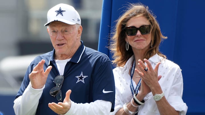 Jul 29, 2023; Oxnard, CA, USA; Dallas Cowboys owner Jerry Jones (left) and chief brand officer Charlotte Jones during training camp at the River Ridge Fields. 