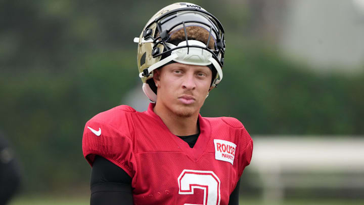 Aug 14, 2025; Carson, CA, USA; New Orleans Saints quarterback Spencer Rattler (2) during a joint practice against the Los Angeles Rams at the Dignity Health Sports Park. Mandatory 