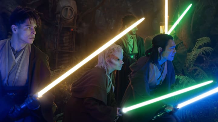 (L-R, front row): Yord Fandar (Charlie Barnett), Jedi Padawan Jecki Lon (Dafne Keen) and Master Sol (Lee Jung-jae) in Lucasfilm's THE ACOLYTE, exclusively on Disney+. ©2024 Lucasfilm Ltd. & TM. All Rights Reserved.