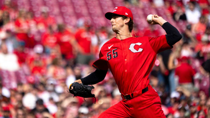 Cincinnati Reds pitcher Brandon Williamson (55) delivers the pitch in the first inning between the Cincinnati Reds and the Los Angeles Angels at Great American Ball in Cincinnati on Saturday, April 11, 2026.