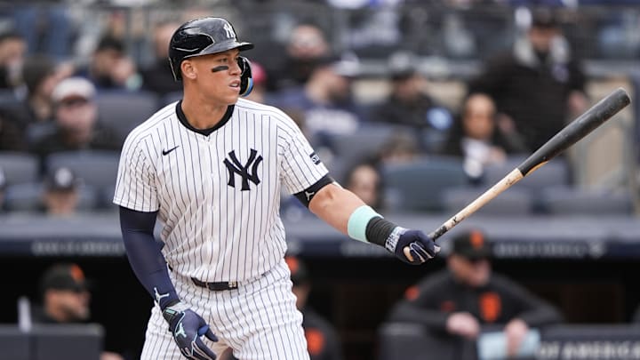 Aaron Judge take an at-bat for the New York Yankees against the San Francisco Giants in 2025.