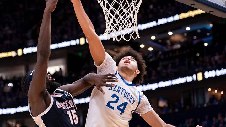 Gonzaga forward Graham Ike (15) shoots over Kentucky center Malachi Moreno (24) during their game at Bridgestone Arena in Nashville Friday, Dec. 5, 2025. Gonzaga forward Graham Ike (15) shoots over Kentucky center Malachi Moreno (24) during their game at Bridgestone Arena in Nashville Friday, Dec. 5, 2025.